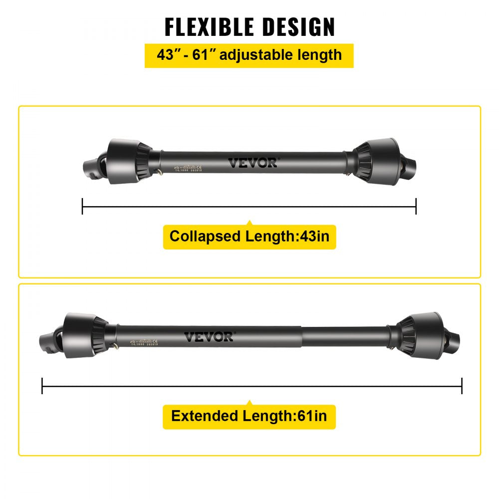 VEVOR PTO Shaft, 1-3/8\" PTO Drive Shaft, 6 Spline Tractor, Round Implement Ends PTO Driveline Shaft, Series 4 Tractor PTO Shaft, 43\"-61\" Brush Hog PTO Shaft Black, for Finish Mower, Rotary Cutter