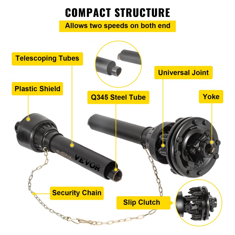 VEVOR PTO Shaft, 1-3/8” 6 Spline Tractor and Implement Ends PTO Driveline Shaft, Series 4 Tractor PTO Shaft, 43”-59” Brush Hog PTO Shaft with Slip Clutch Black, for Finish Mower, Rotary Cutter