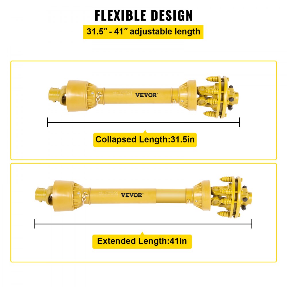 VEVOR PTO Shaft, 1-3/8\" PTO Drive Shaft, 6 Spline Both Ends PTO Driveline Shaft, Series 4 Tractor PTO Shaft, 31.5\"-41\" Brush Hog PTO Shaft, Yellow PTO Shaft with Slip Clutch for Bush Hog/Finish Mow