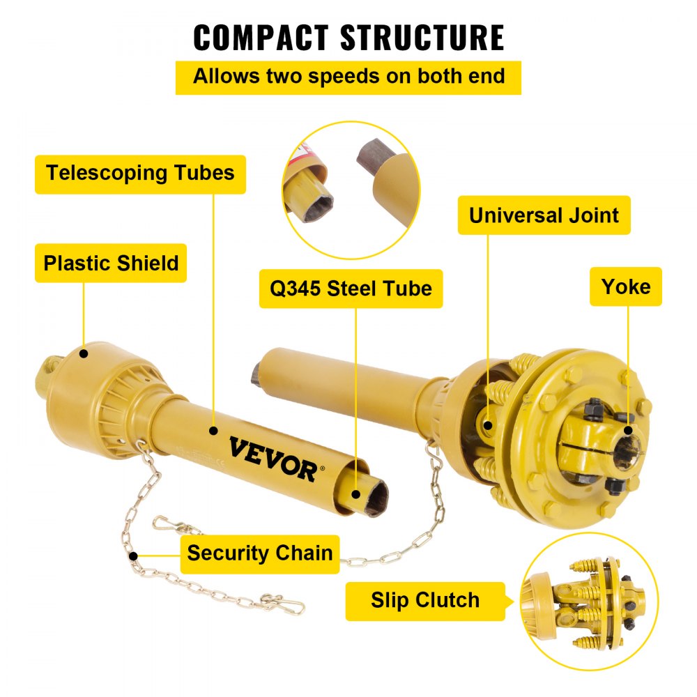 VEVOR PTO Shaft, 1-3/8\" PTO Drive Shaft, 6 Spline Both Ends PTO Driveline Shaft, Series 4 Tractor PTO Shaft, 31.5\"-41\" Brush Hog PTO Shaft, Yellow PTO Shaft with Slip Clutch for Bush Hog/Finish Mow
