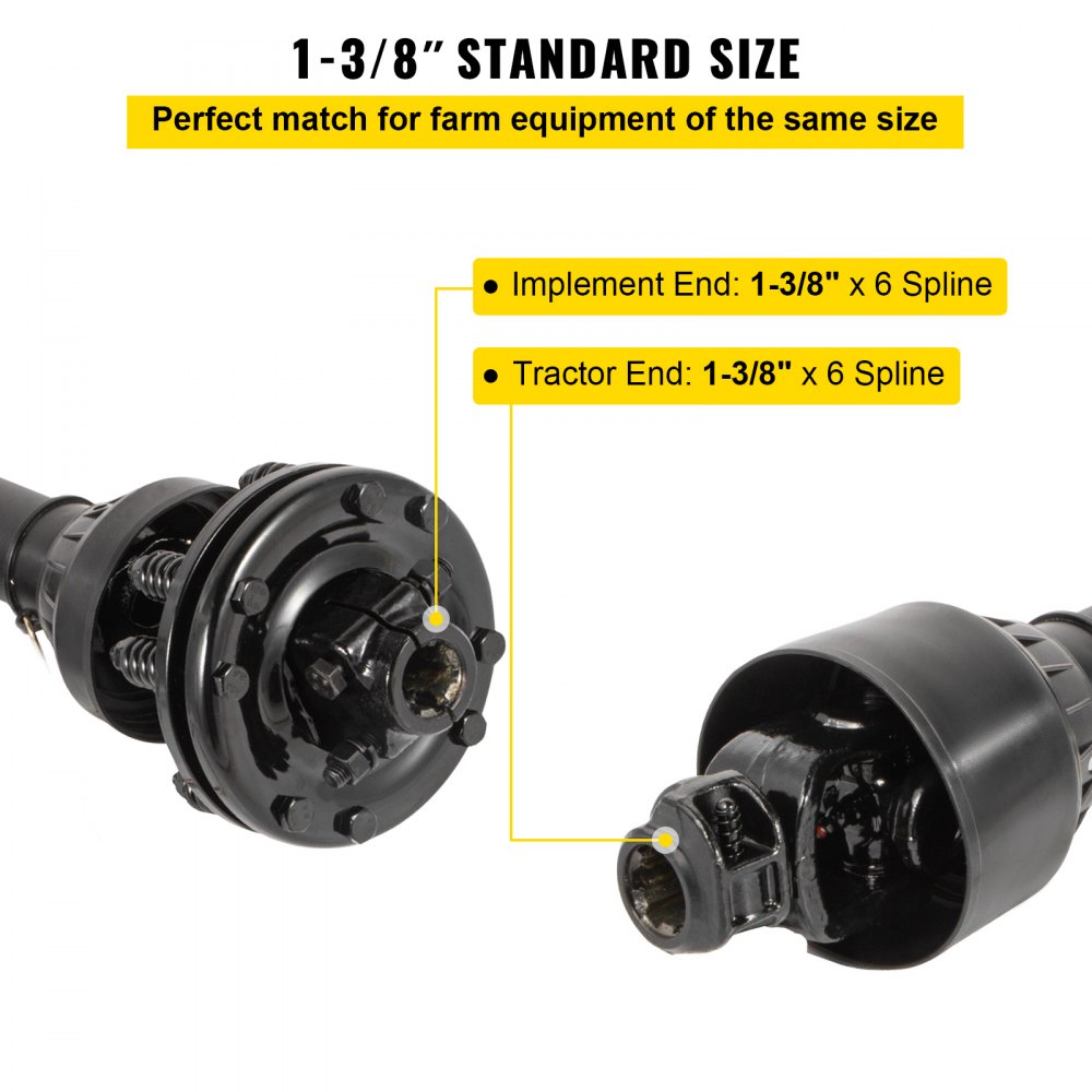 VEVOR PTO Shaft, 1-3/8” PTO Drive Shaft, 6 Spline Both Ends PTO Driveline Shaft, Series 6 Tractor PTO Shaft, 47”-67” Brush Hog PTO Shaft, Black PTO Shaft with Slip Clutch for Bush Hog/Finish Mower
