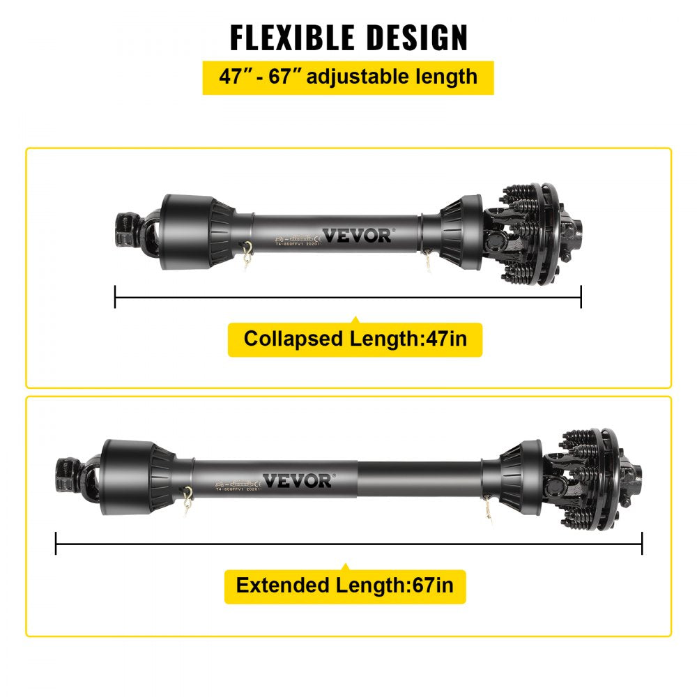VEVOR PTO Shaft, 1-3/8” PTO Drive Shaft, 6 Spline Both Ends PTO Driveline Shaft, Series 6 Tractor PTO Shaft, 47”-67” Brush Hog PTO Shaft, Black PTO Shaft with Slip Clutch for Bush Hog/Finish Mower