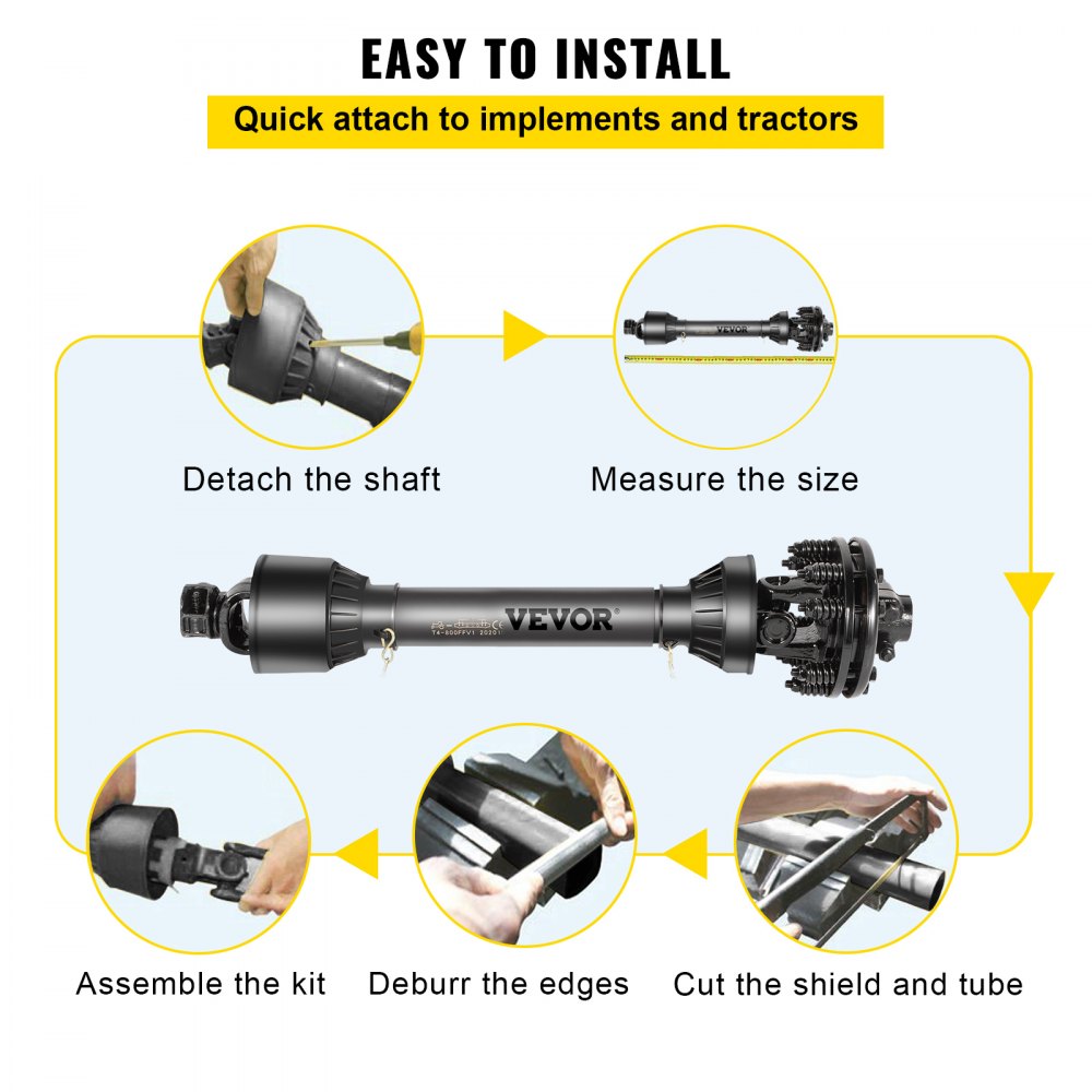 VEVOR PTO Shaft, 1-3/8” PTO Drive Shaft, 6 Spline Both Ends PTO Driveline Shaft, Series 6 Tractor PTO Shaft, 47”-67” Brush Hog PTO Shaft, Black PTO Shaft with Slip Clutch for Bush Hog/Finish Mower