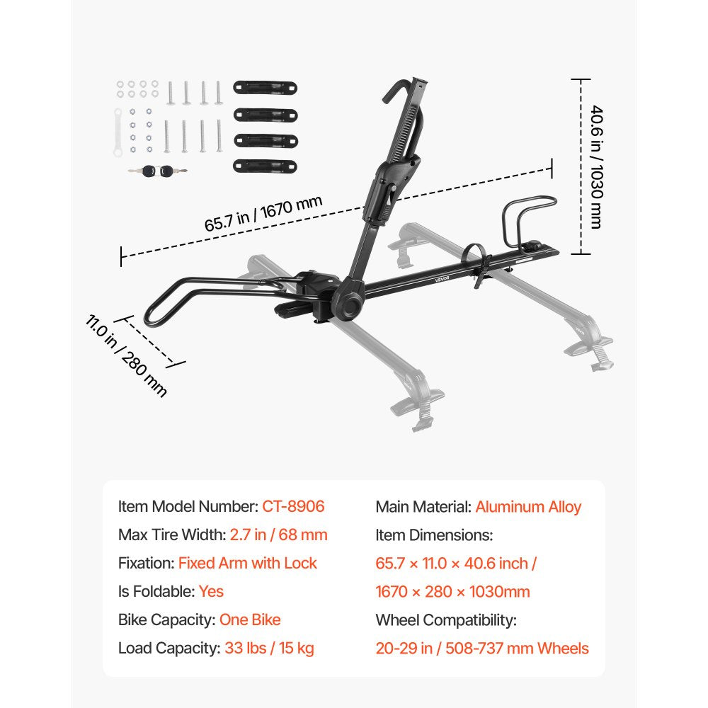 VEVOR Roof Bike Rack, 33 lbs Capacity, Foldable Upright Roof Mount Bicycle Rack with Locking Systems & Adjustable Arm for T-Slot Crossbars, Upright Rooftop Bike Rack 1 Bike Carrier for Car SUV, Black