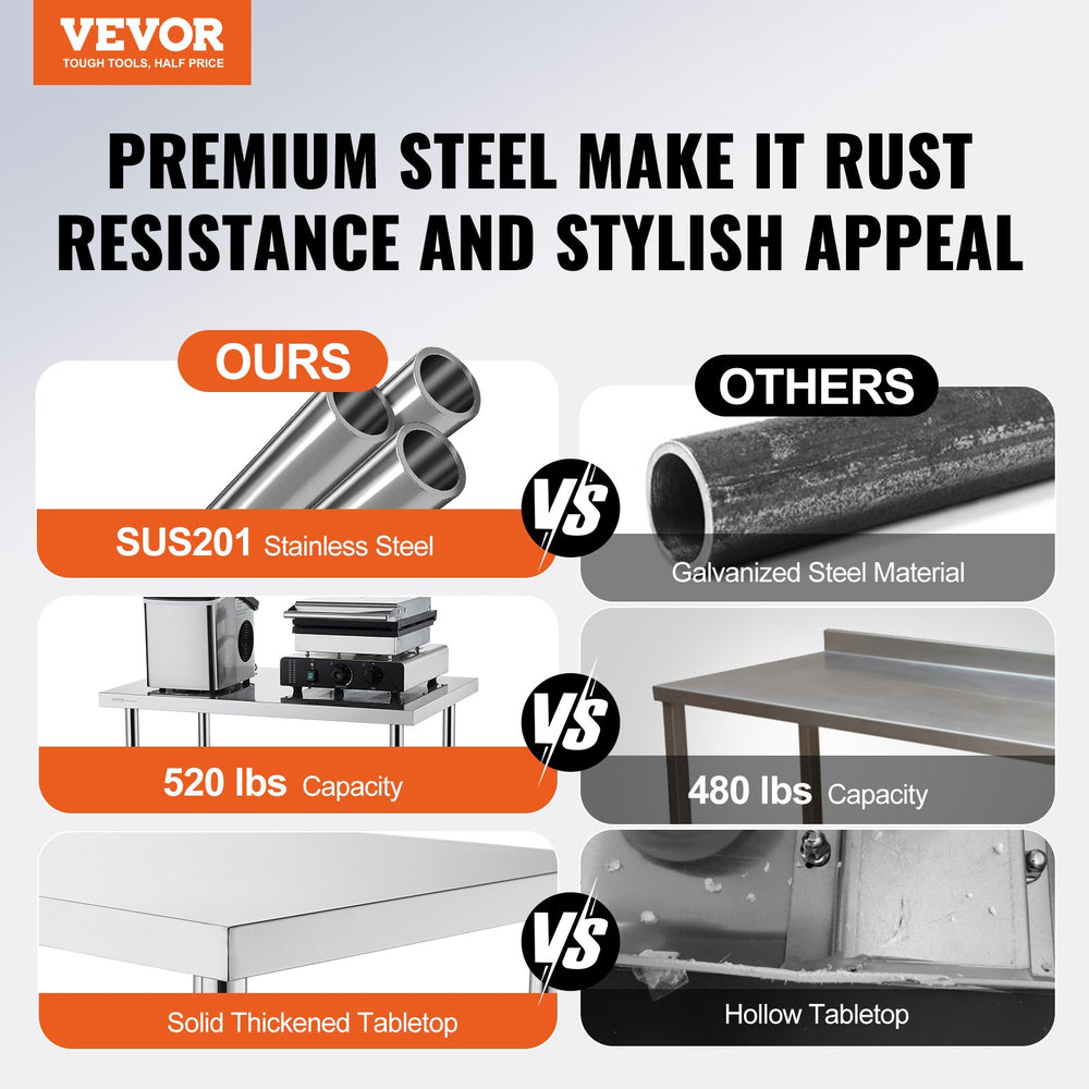 VEVOR Stainless Steel Work Table 30 x 12 x 38 Inch, with 4 Wheels, 3 Adjustable Height Levels, Heavy Duty Food Prep Worktable for Commercial Kitchen Restaurant, Silver