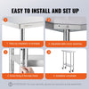 VEVOR Stainless Steel Work Table 30 x 12 x 38 Inch, with 4 Wheels, 3 Adjustable Height Levels, Heavy Duty Food Prep Worktable for Commercial Kitchen Restaurant, Silver