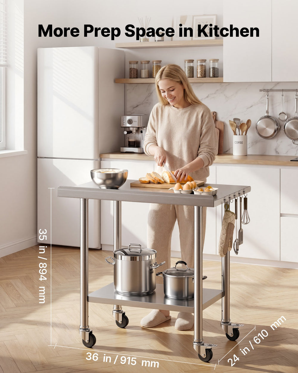 VEVOR Stainless Steel Work Table, 24x36 inch Food Prep Table with Wheels and Backsplash, Commercial Kitchen Workstation with Adjustable Undershelf, Metal Utility Worktable, for Restaurant Home Outdoor