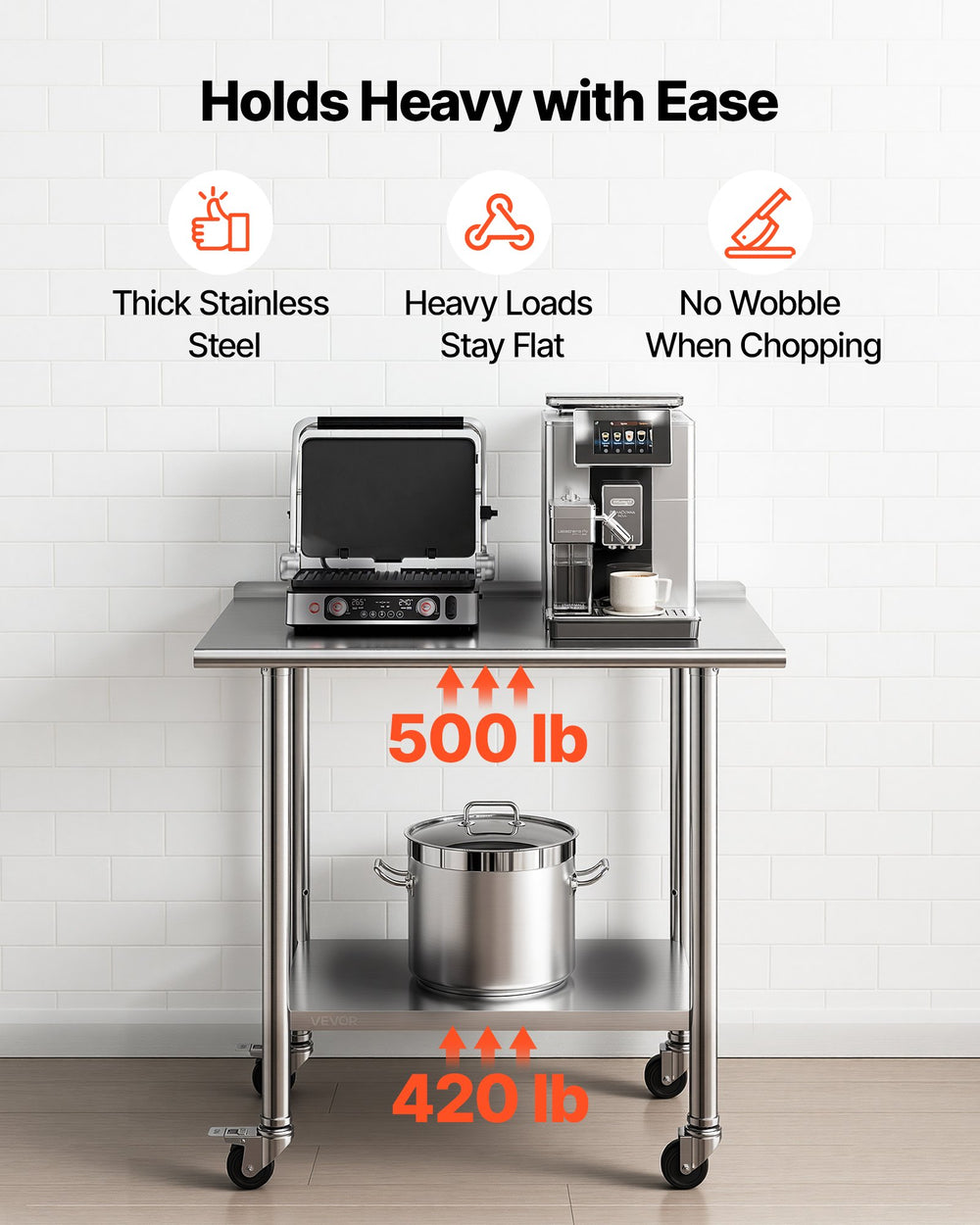 VEVOR Stainless Steel Work Table, 24x36 inch Food Prep Table with Wheels and Backsplash, Commercial Kitchen Workstation with Adjustable Undershelf, Metal Utility Worktable, for Restaurant Home Outdoor