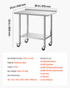 VEVOR Stainless Steel Work Table, 24x36 inch Food Prep Table with Wheels and Backsplash, Commercial Kitchen Workstation with Adjustable Undershelf, Metal Utility Worktable, for Restaurant Home Outdoor