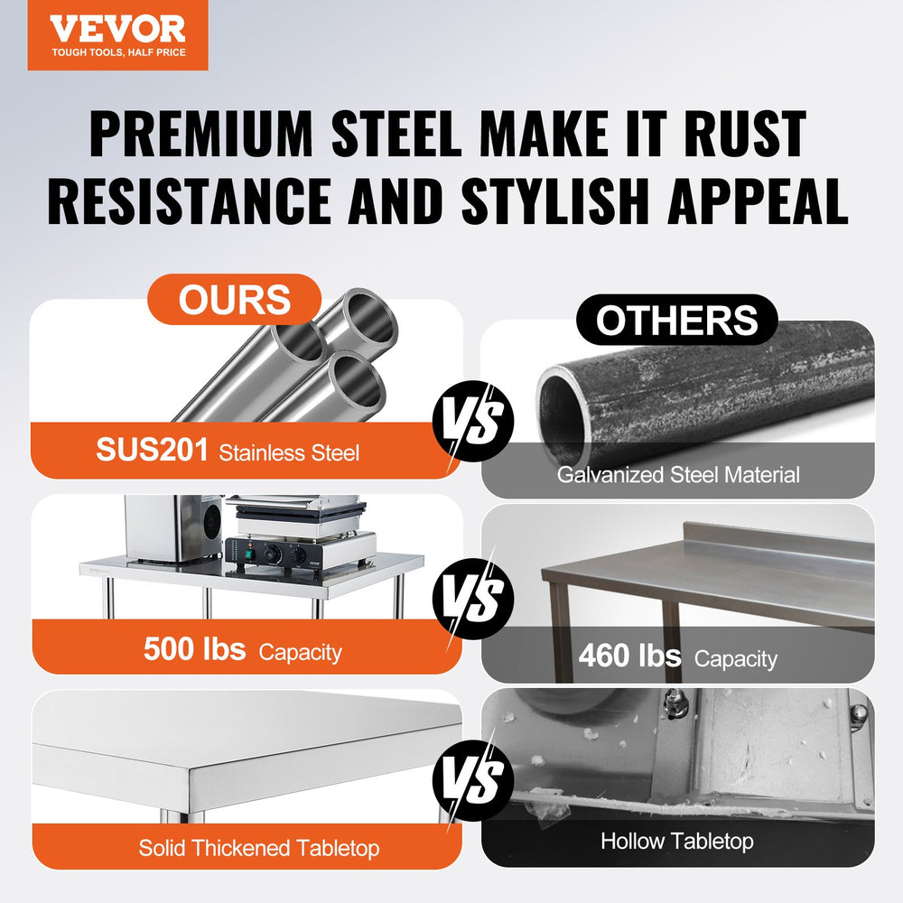 VEVOR Stainless Steel Work Table 24 x 12 x 38 Inch, 500 LBS Load Capacity with 4 Wheels, 3 Adjustable Height Levels, Heavy Duty Food Prep Worktable for Commercial Kitchen Restaurant, Silver