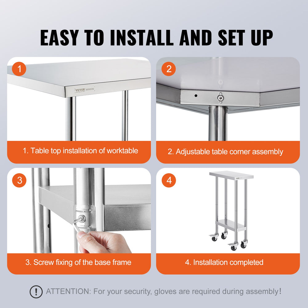 VEVOR Stainless Steel Work Table 24 x 12 x 38 Inch, 500 LBS Load Capacity with 4 Wheels, 3 Adjustable Height Levels, Heavy Duty Food Prep Worktable for Commercial Kitchen Restaurant, Silver