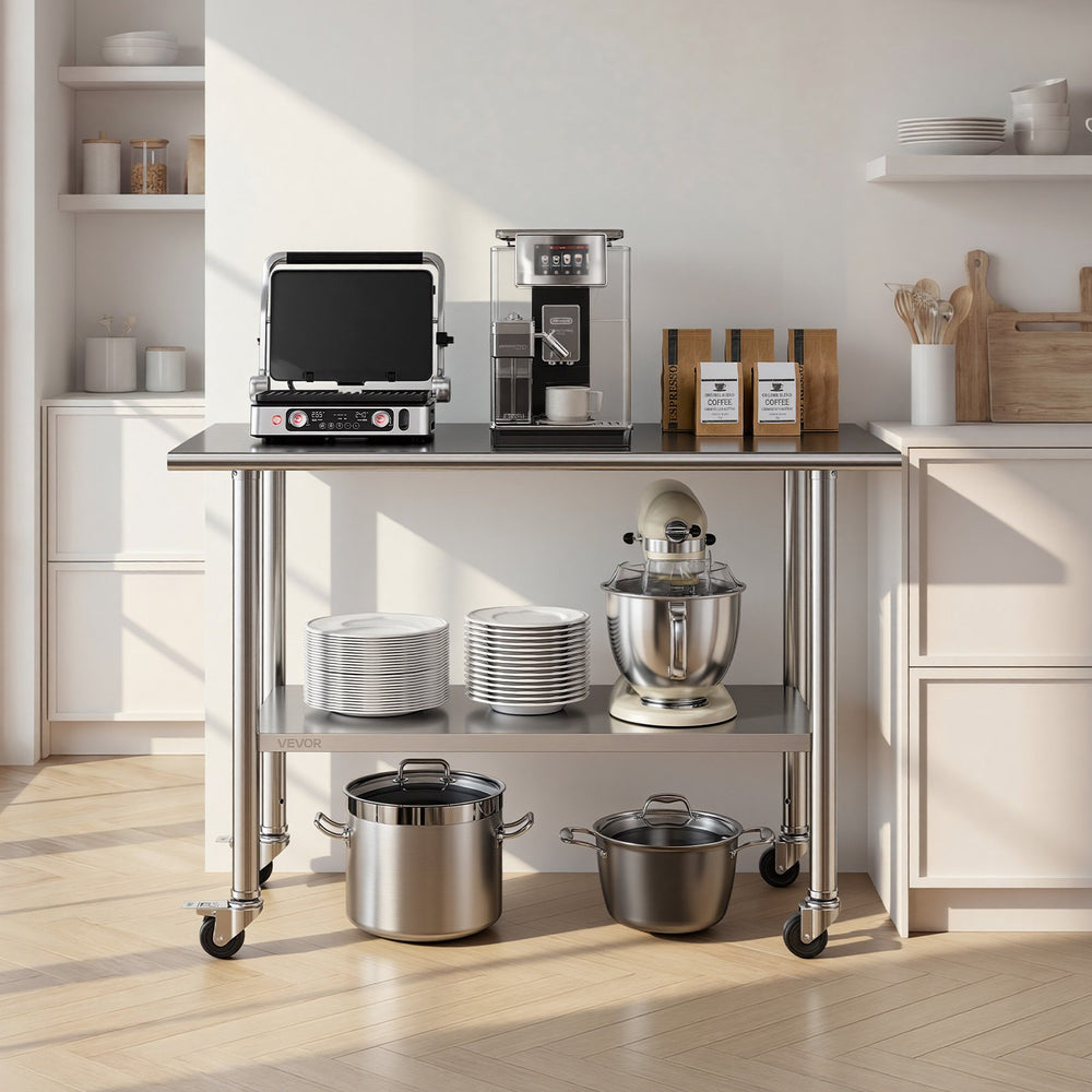 VEVOR Stainless Steel Work Table, 24x48 inch Food Prep Table with Wheels, Commercial Kitchen Workstation with Adjustable Undershelf, Metal Utility Worktable, for Restaurant Home Outdoor