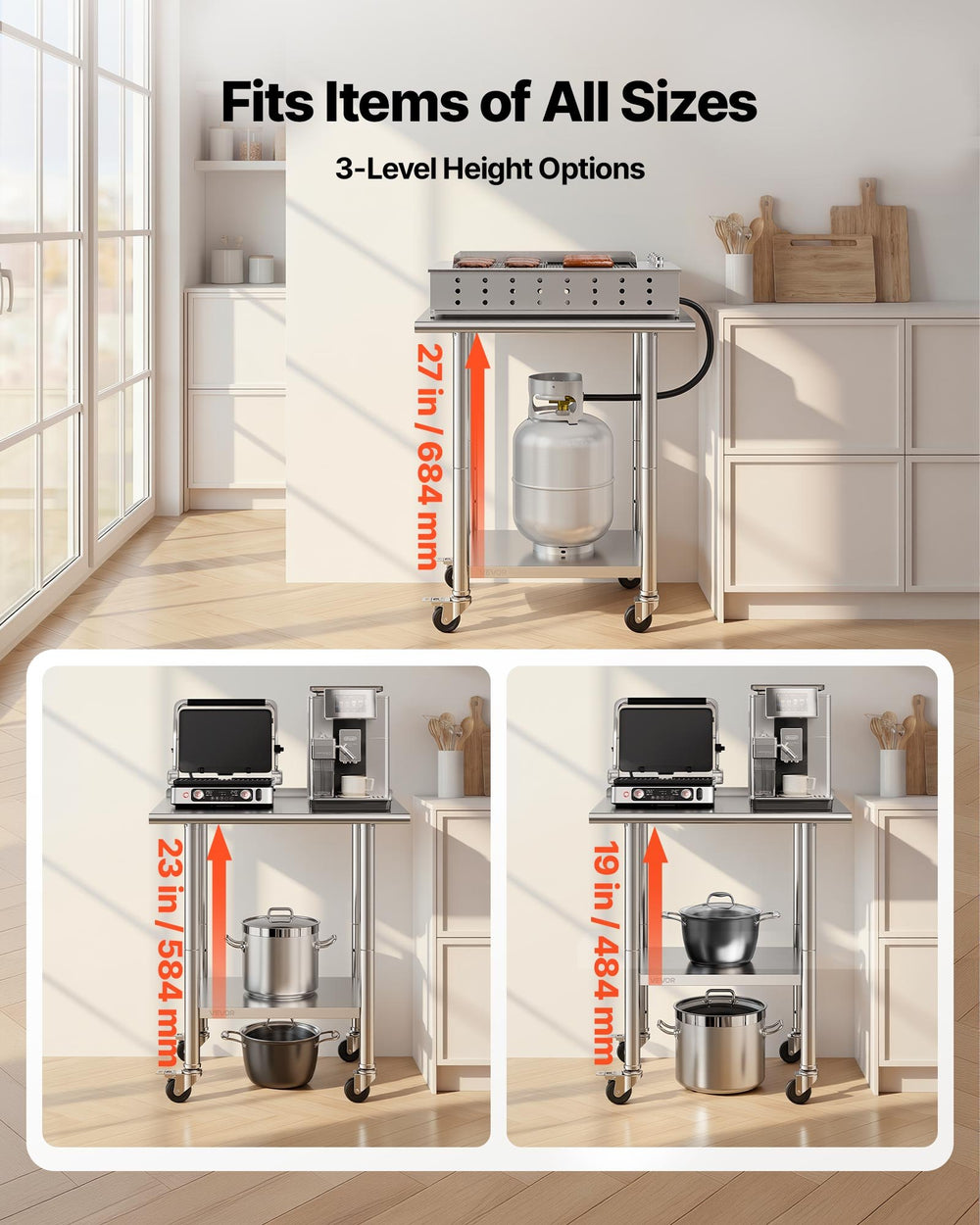 VEVOR Stainless Steel Work Table, 24x30 inch Food Prep Table with Wheels and Backsplash, Commercial Kitchen Workstation with Adjustable Undershelf, Metal Utility Worktable, for Restaurant Home Outdoor