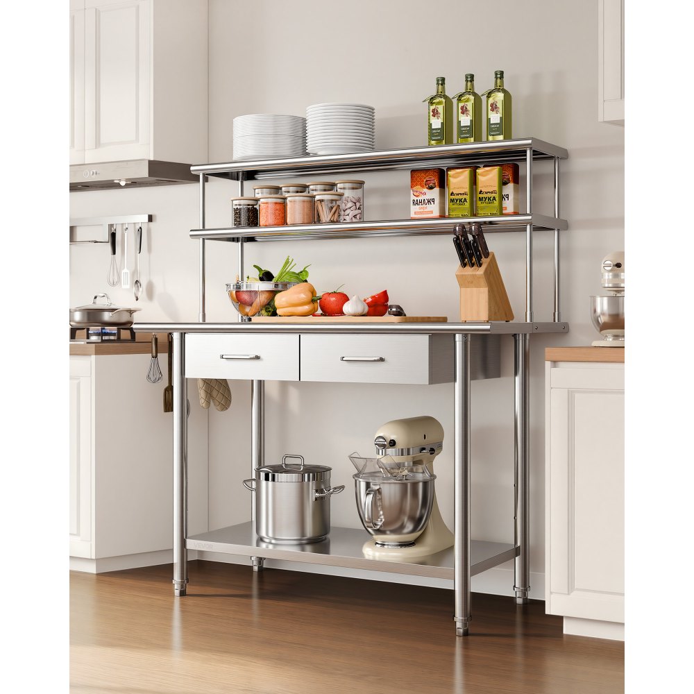 VEVOR Stainless Steel Work Table, 24x48 Inch Food Prep Table with Overshelves and 2 Drawers, Commercial Kitchen Workstation with Adjustable Undershelf, Metal Utility Worktable, for Restaurant Garage