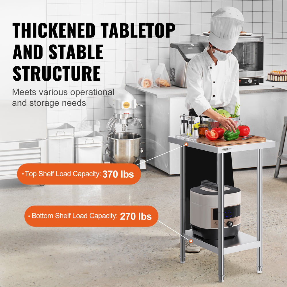 VEVOR Stainless Steel Prep Table, 24 x 18 x 34 Inch, 640 lbs Load Capacity, Heavy Duty Metal Worktable with 3 Adjustable Height Levels, Commercial Workstation for Kitchen Garage Restaurant Backyard