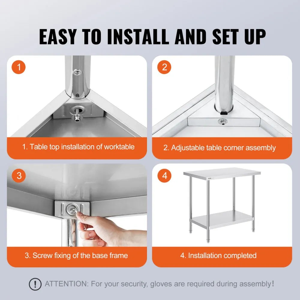easy to install setup for VEVOR stainless steel prep table with step-by-step assembly instructions.
