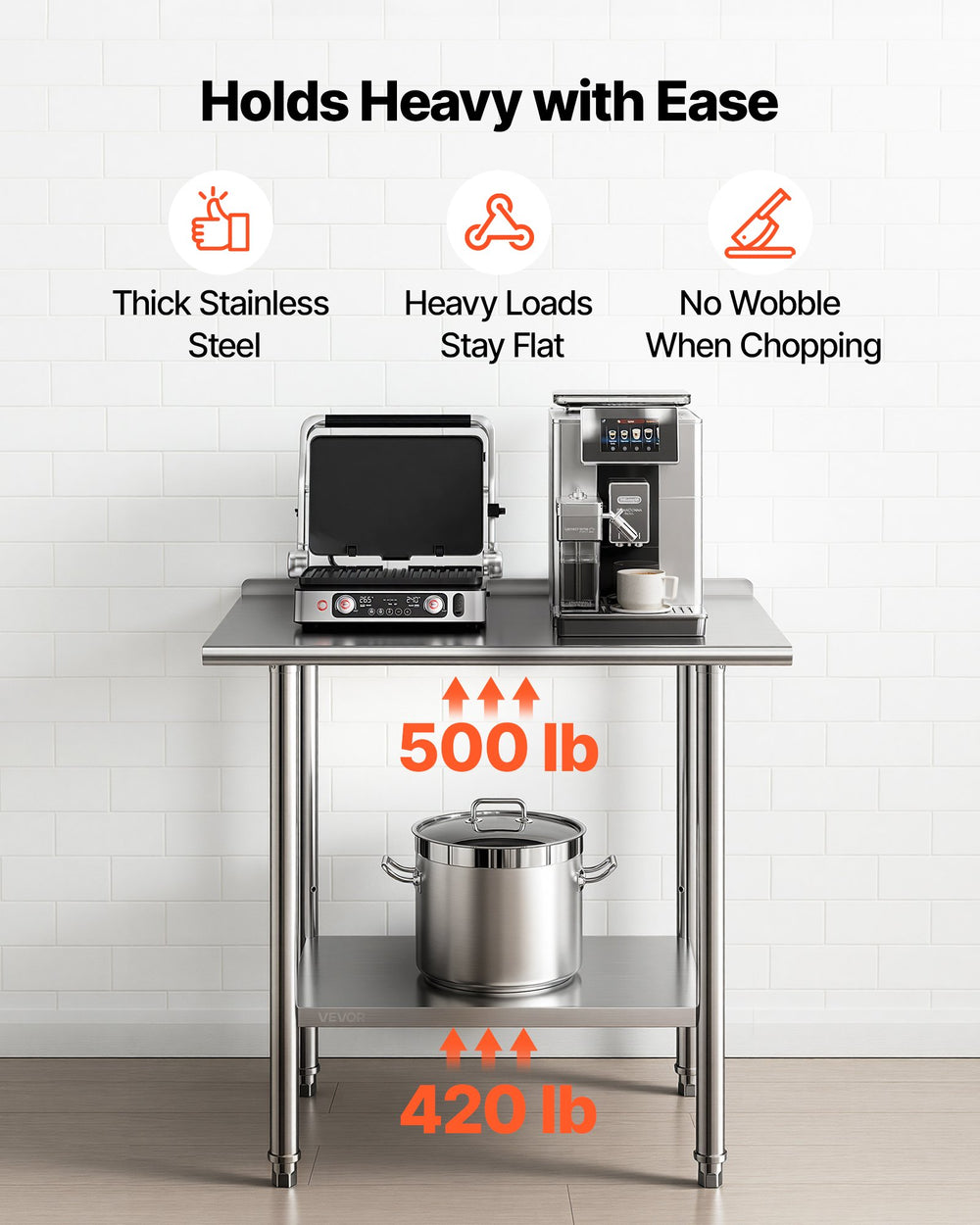 VEVOR Stainless Steel Work Table, 24x36 Inch Food Prep Table with Backsplash, Commercial Kitchen Workstation with Adjustable Undershelf, Metal Heavy Duty Utility Worktable, for Restaurant Home Outdoor