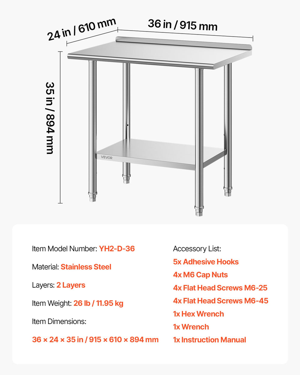 VEVOR Stainless Steel Work Table, 24x36 Inch Food Prep Table with Backsplash, Commercial Kitchen Workstation with Adjustable Undershelf, Metal Heavy Duty Utility Worktable, for Restaurant Home Outdoor
