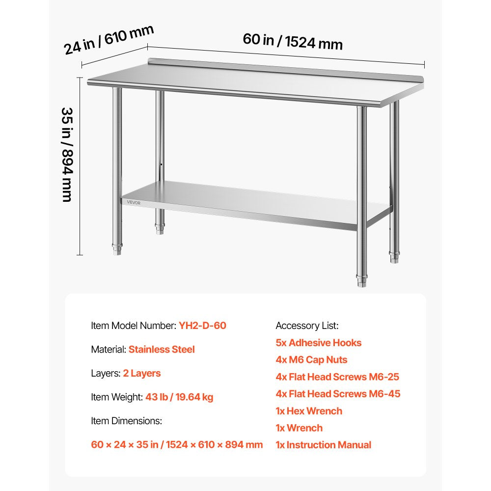 VEVOR Stainless Steel Work Table, 24x60 Inch Food Prep Table with Backsplash, Commercial Kitchen Workstation with Adjustable Undershelf, Metal Heavy Duty Utility Worktable, for Restaurant Home Outdoor