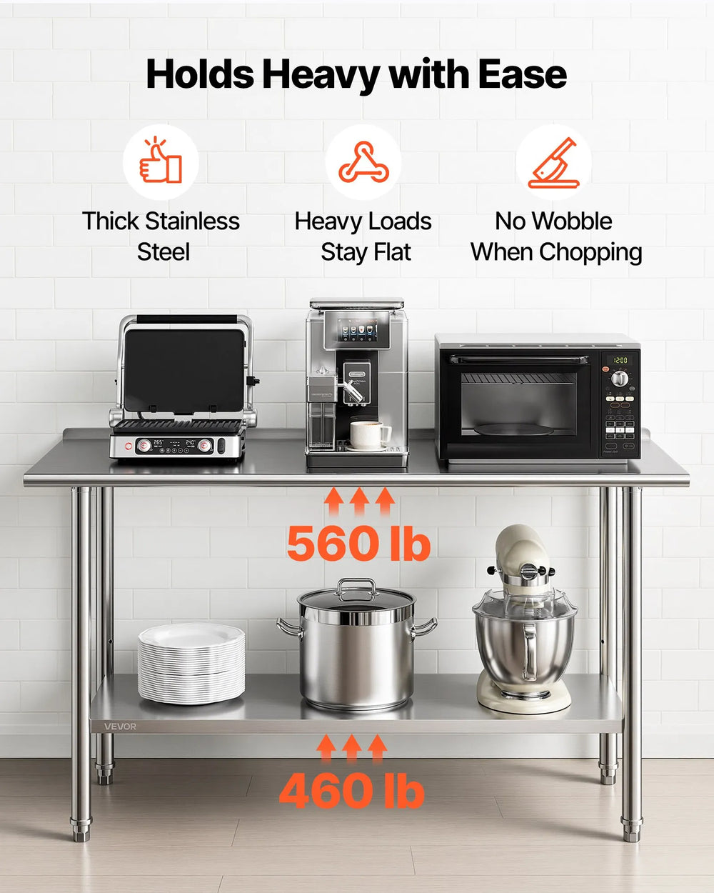 VEVOR Stainless Steel Work Table, 24x60 Inch Food Prep Table with Backsplash, Commercial Kitchen Workstation with Adjustable Undershelf, Metal Heavy Duty Utility Worktable, for Restaurant Home Outdoor