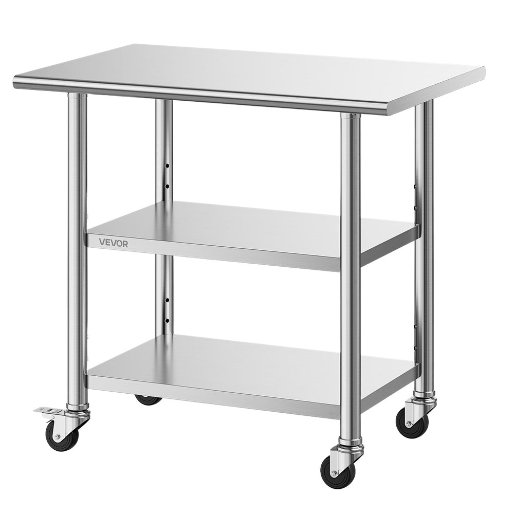 VEVOR Stainless Steel Work Table, 24x36 Inch Food Prep Table with 2 Shelves and Wheels, Commercial Kitchen Workstation, Metal Heavy Duty Utility Worktable, for Restaurant Home Hotel Garage Outdoor
