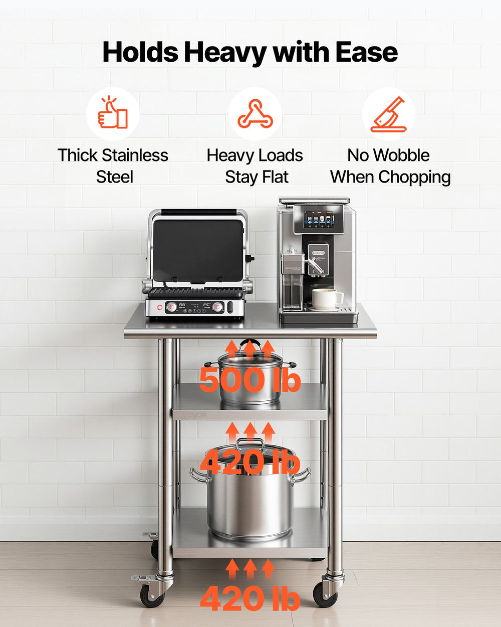 VEVOR Stainless Steel Work Table, 24x30 Inch Food Prep Table with 2 Shelves and Wheels, Commercial Kitchen Workstation, Metal Heavy Duty Utility Worktable, for Restaurant Home Hotel Garage Outdoor