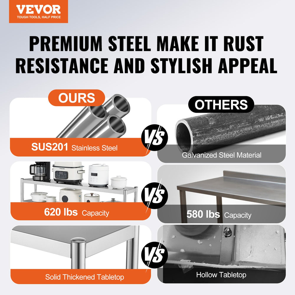 VEVOR Double Overshelf, Double Tier Stainless Steel Overshelf, 12 x 48 Inch Double Deck Overshelf, Height Adjustable Overshelf Prep Work Table for Kitchen, Restaurant and Workshop