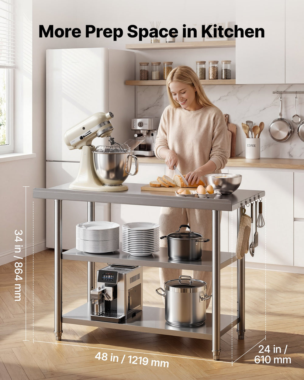 VEVOR Stainless Steel Work Table, 24x48 Inch Food Prep Table with 2 Shelves and Backsplash, Commercial Kitchen Workstation, Metal Heavy Duty Utility Worktable, for Restaurant Home Hotel Garage Outdoor