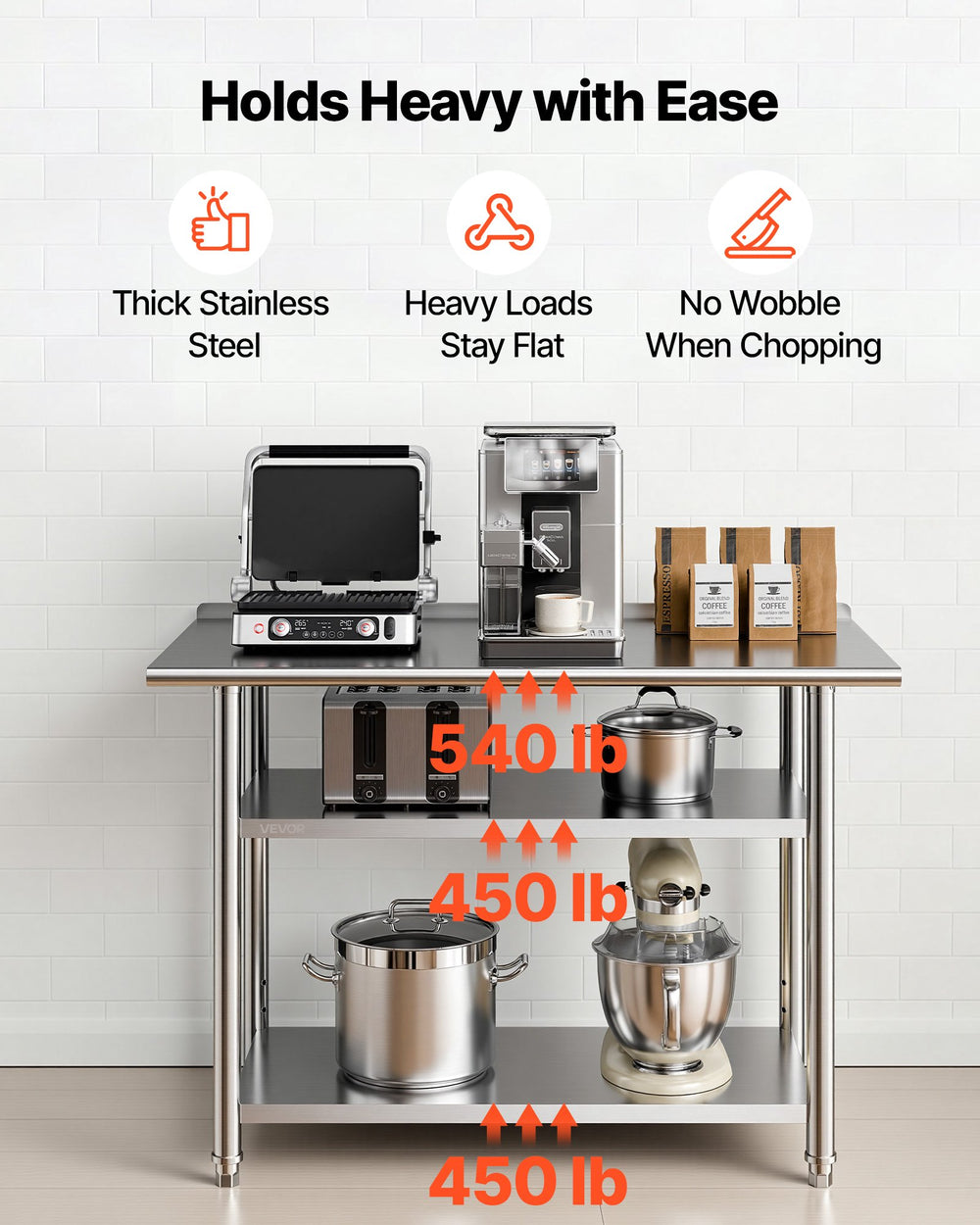 VEVOR Stainless Steel Work Table, 24x48 Inch Food Prep Table with 2 Shelves and Backsplash, Commercial Kitchen Workstation, Metal Heavy Duty Utility Worktable, for Restaurant Home Hotel Garage Outdoor