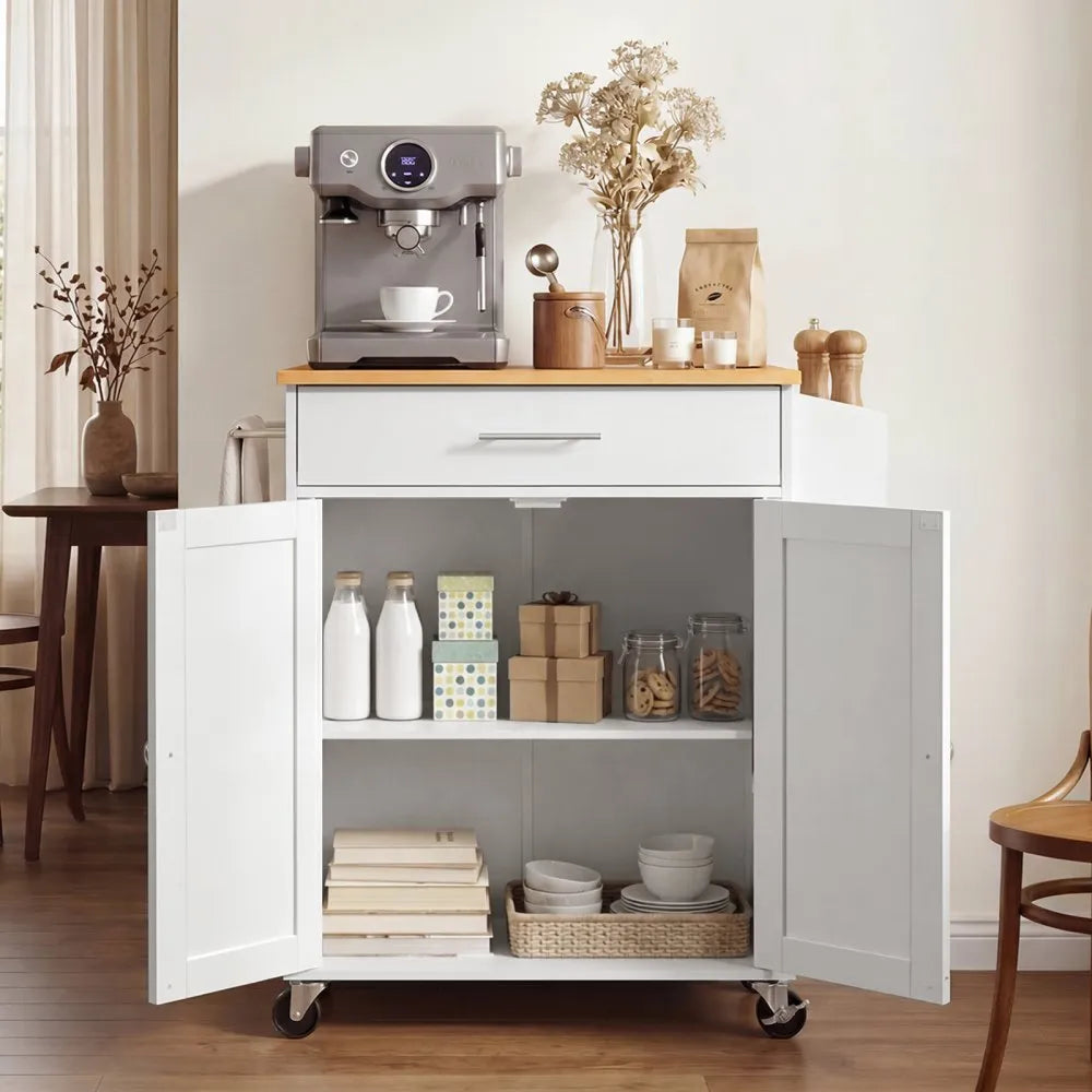 VEVOR Kitchen Island Cart with Storage, 31.3 in Wide Mobile Rolling Storage Island on Swivel Wheels, with Drawer, Storage Cabinet, Spice/Towel Rack,  Table for Home Dining Room, White