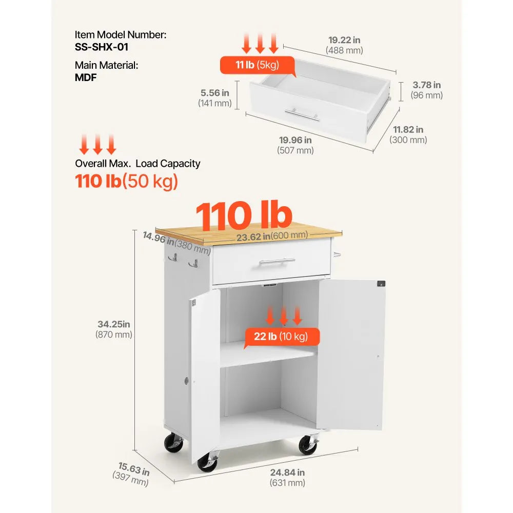 VEVOR Kitchen Island Cart with Storage, 24.84 in Wide Mobile Rolling Storage Island on Swivel Wheels, with Drawer, Storage Cabinet, Towel Rack, Hooks, Table for Home Dining Room, White