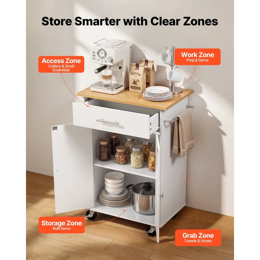 VEVOR Kitchen Island Cart with Storage, 24.84 in Wide Mobile Rolling Storage Island on Swivel Wheels, with Drawer, Storage Cabinet, Towel Rack, Hooks, Table for Home Dining Room, White