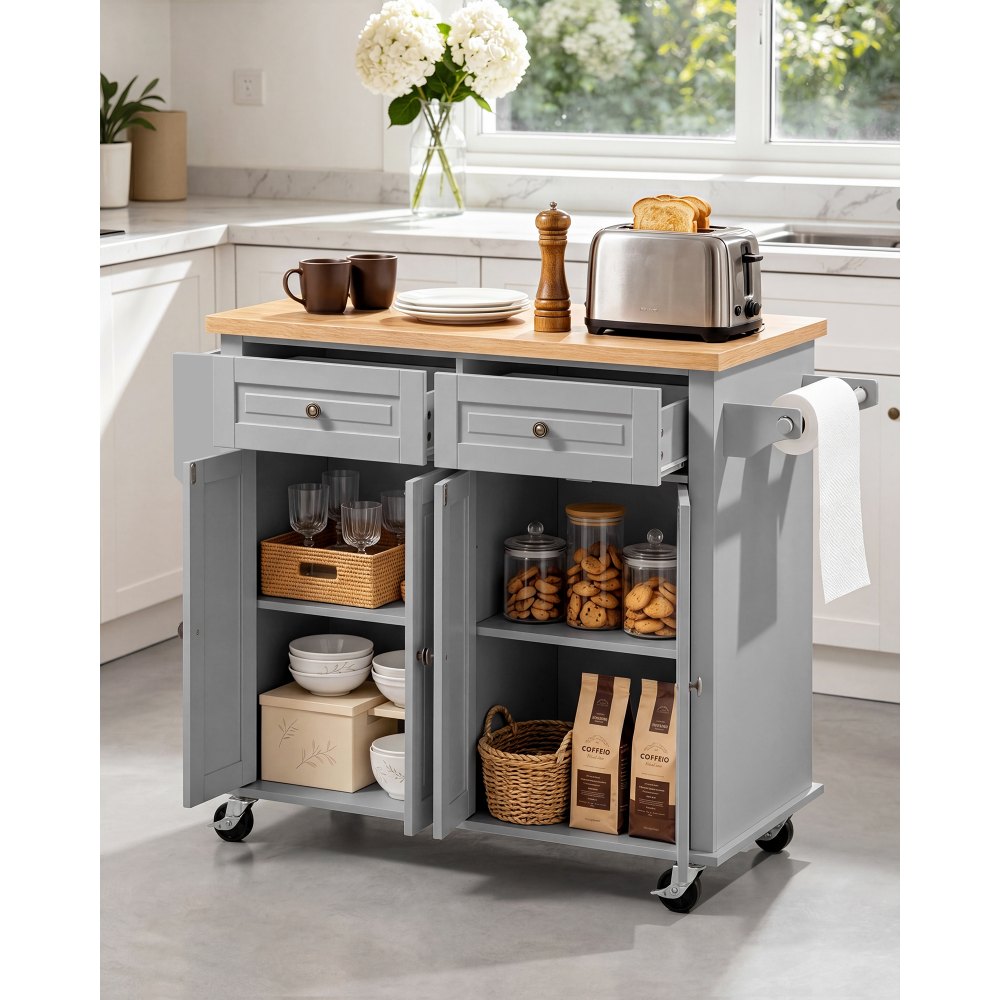 VEVOR Kitchen Island Cart with Storage, 43.7 in Wide Mobile Rolling Storage Island on Swivel Wheels, with 2 Drawers, Storage Cabinet, Spice/Towel Rack, Hooks, Table for Home Dining Room, Gray