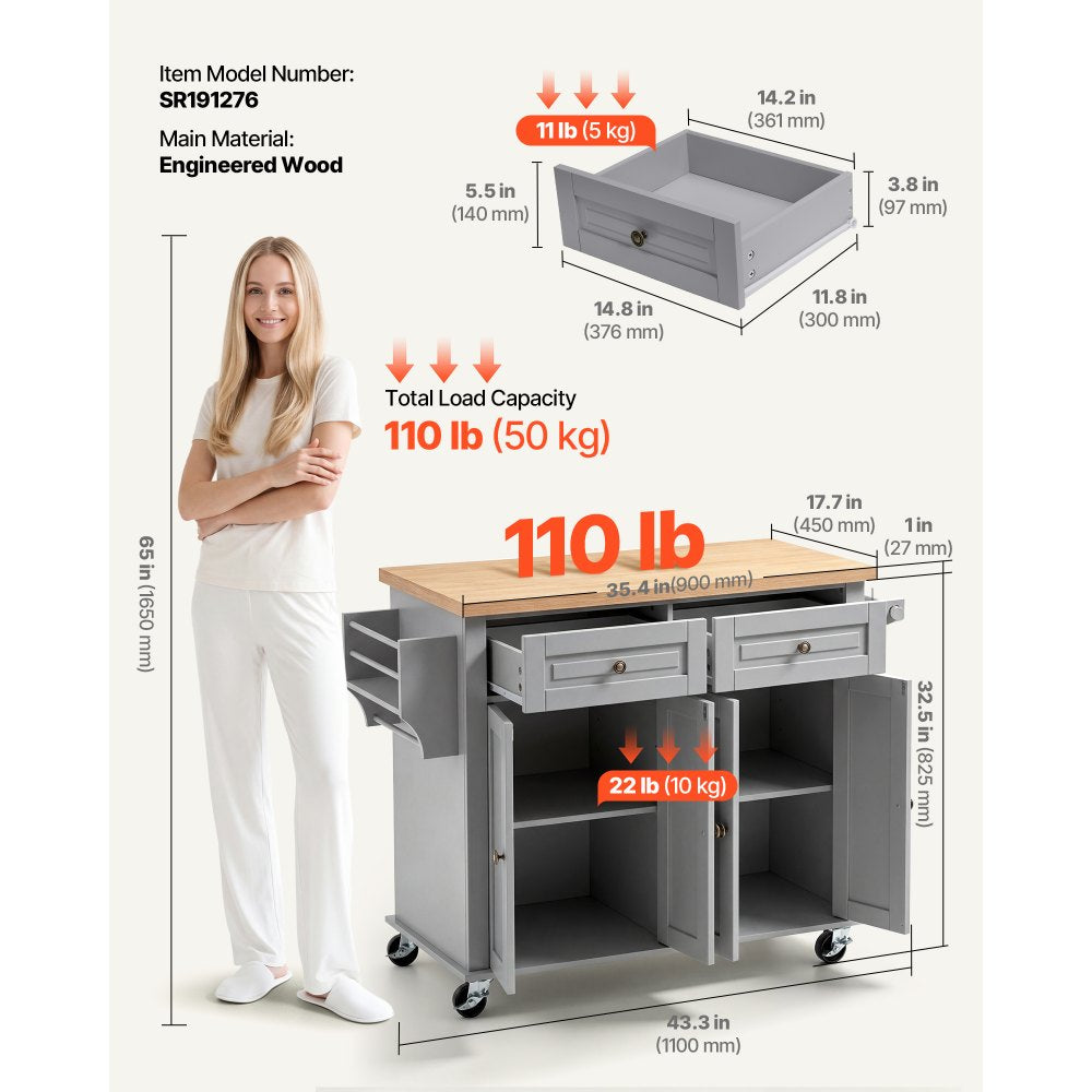 VEVOR Kitchen Island Cart with Storage, 43.7 in Wide Mobile Rolling Storage Island on Swivel Wheels, with 2 Drawers, Storage Cabinet, Spice/Towel Rack, Hooks, Table for Home Dining Room, Gray