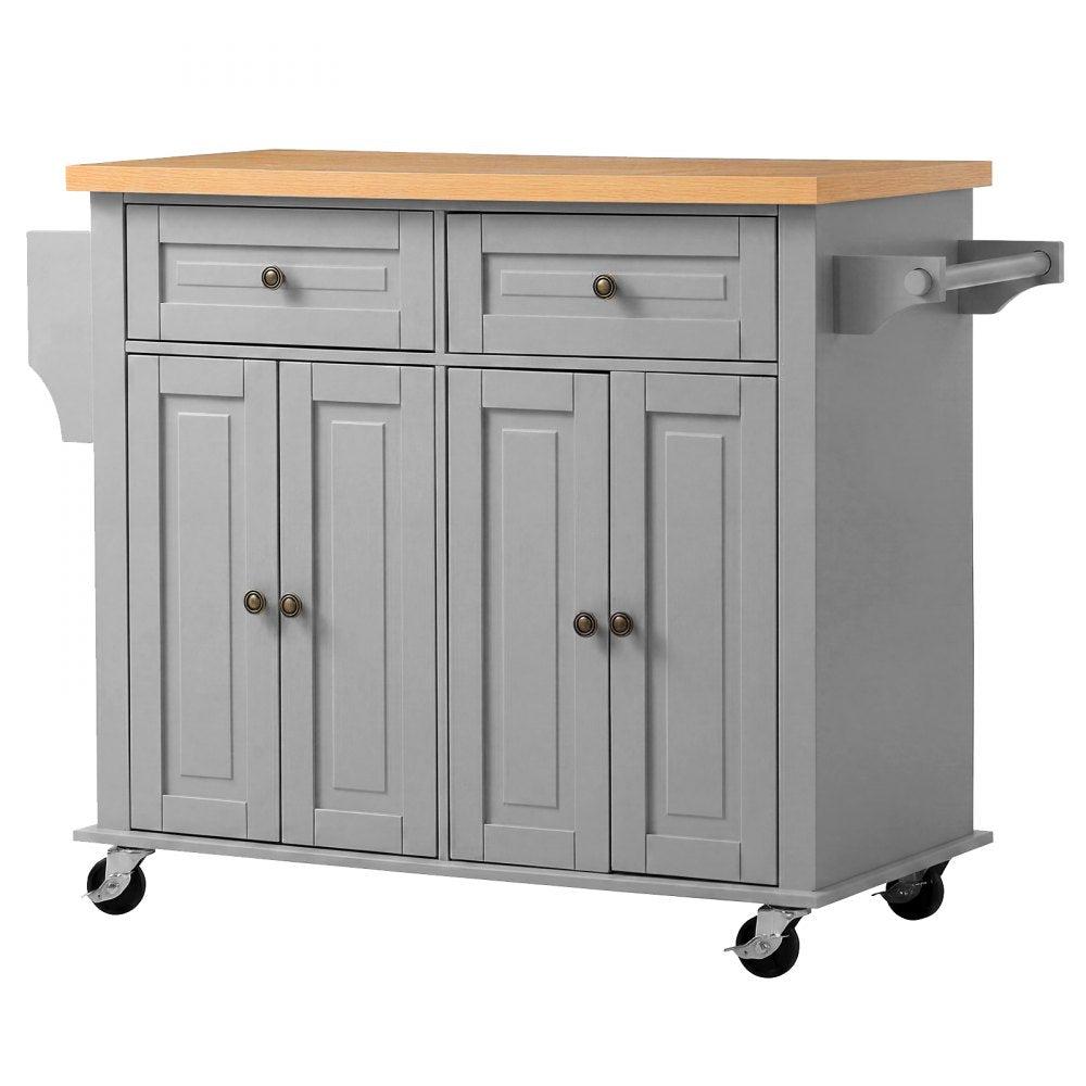 VEVOR Kitchen Island Cart with Storage, 43.7 in Wide Mobile Rolling Storage Island on Swivel Wheels, with 2 Drawers, Storage Cabinet, Spice/Towel Rack, Hooks, Table for Home Dining Room, Gray