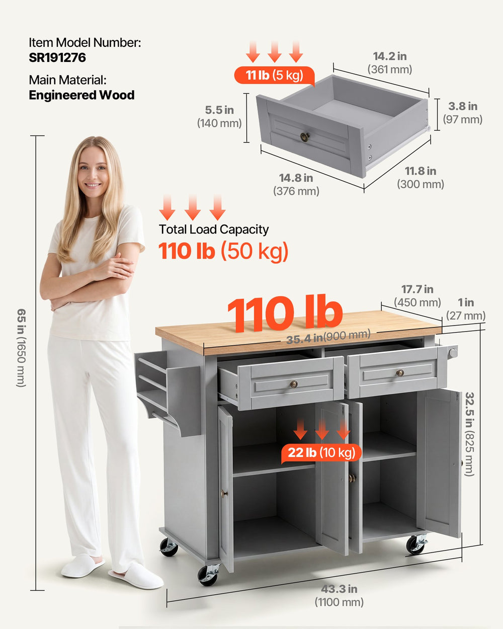 VEVOR Kitchen Island Cart with Storage, 43.7 in Wide Mobile Rolling Storage Island on Swivel Wheels, with 2 Drawers, Storage Cabinet, Spice/Towel Rack, Hooks, Table for Home Dining Room, Gray