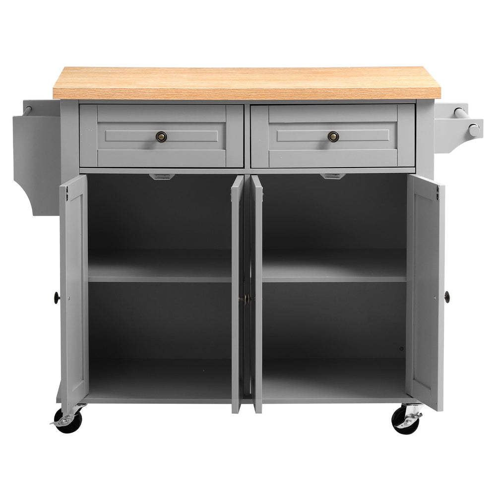 VEVOR Kitchen Island Cart with Storage, 43.7 in Wide Mobile Rolling Storage Island on Swivel Wheels, with 2 Drawers, Storage Cabinet, Spice/Towel Rack, Hooks, Table for Home Dining Room, Gray