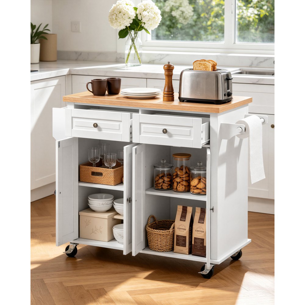 VEVOR Kitchen Island Cart with Storage, 43.7 in Wide Mobile Rolling Storage Island on Swivel Wheels, with 2 Drawers, Storage Cabinet, Spice/Towel Rack, Hooks, Table for Home Dining Room, White