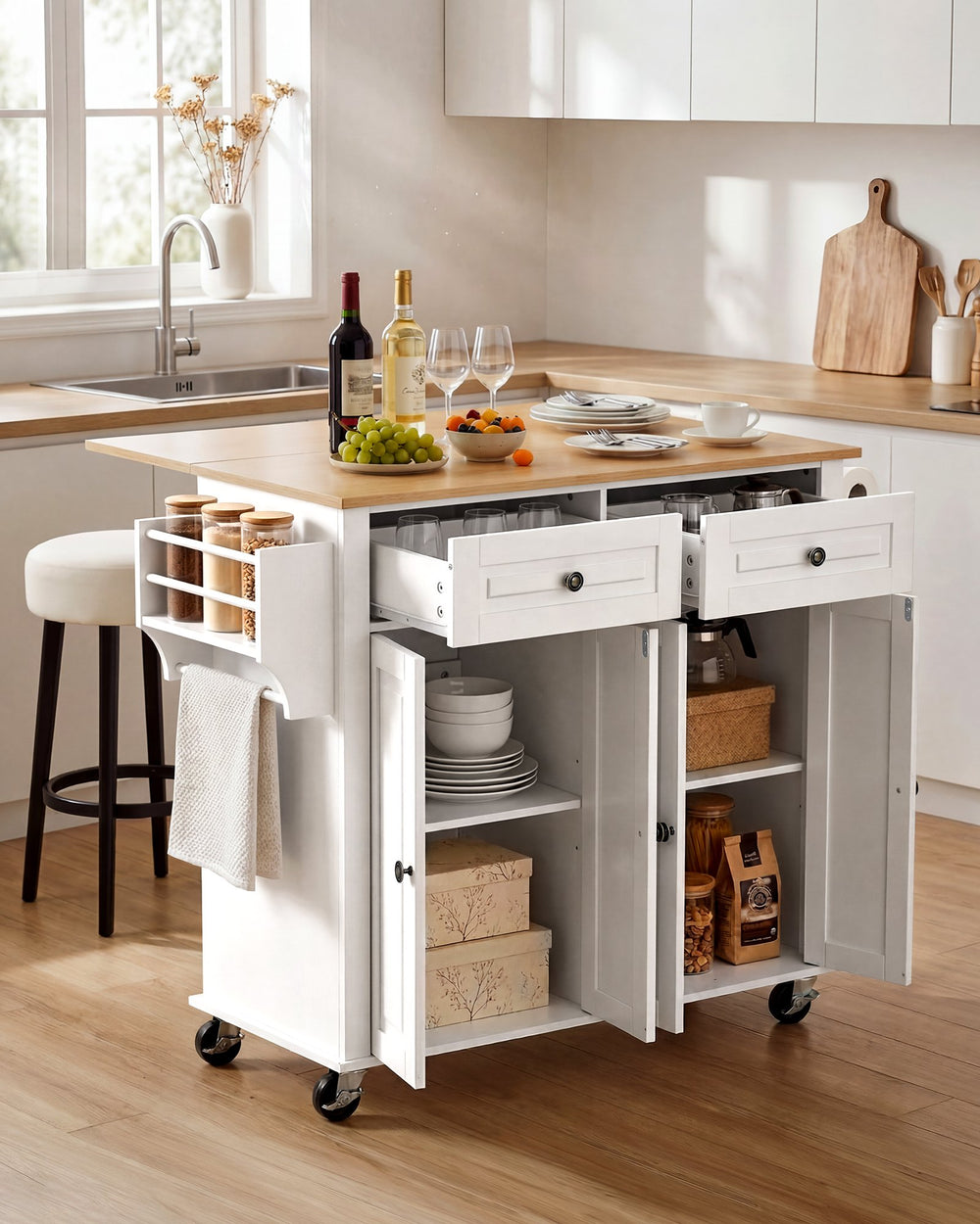 VEVOR Kitchen Island Cart with Storage, 43.58 in Wide Mobile Rolling Storage Island on Swivel Wheels, with 2 Drawers, Storage Cabinet, Drop Leaf, Spice/Towel Rack, Table for Home Dining Room, White