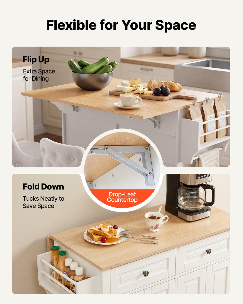 VEVOR Kitchen Island Cart with Storage, 43.58 in Wide Mobile Rolling Storage Island on Swivel Wheels, with 2 Drawers, Storage Cabinet, Drop Leaf, Spice/Towel Rack, Table for Home Dining Room, White