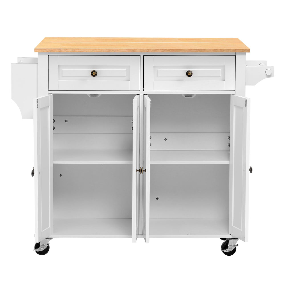 VEVOR Kitchen Island Cart with Storage, 43.58 in Wide Mobile Rolling Storage Island on Swivel Wheels, with 2 Drawers, Storage Cabinet, Drop Leaf, Spice/Towel Rack, Table for Home Dining Room, White