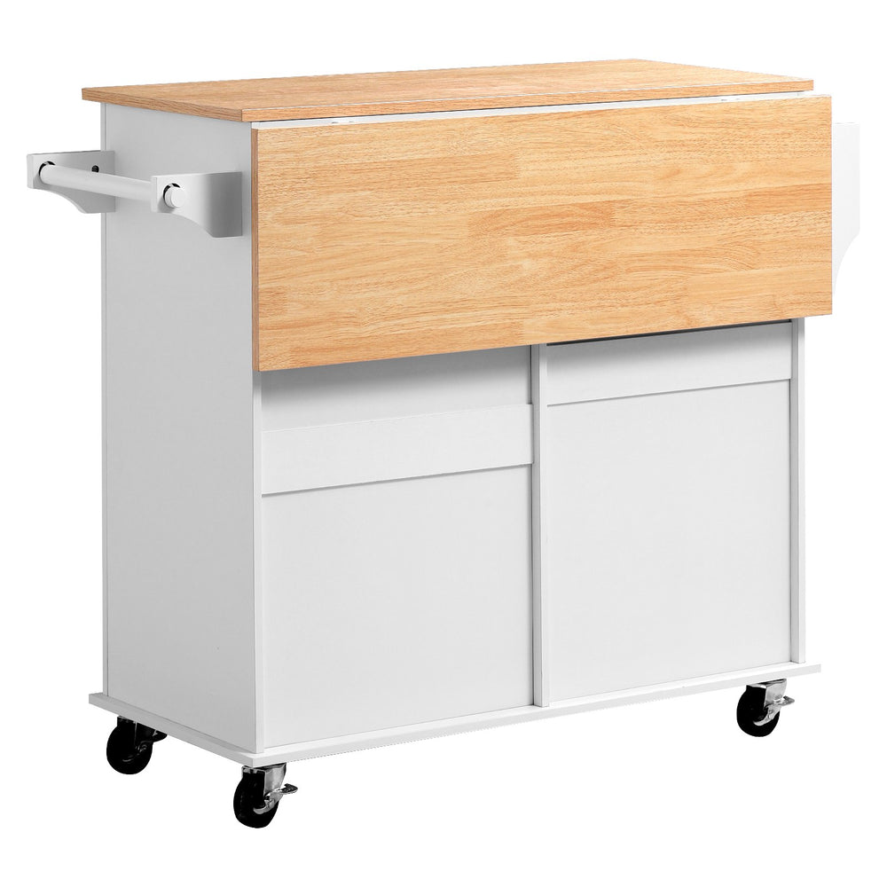 VEVOR Kitchen Island Cart with Storage, 43.58 in Wide Mobile Rolling Storage Island on Swivel Wheels, with 2 Drawers, Storage Cabinet, Drop Leaf, Spice/Towel Rack, Table for Home Dining Room, White