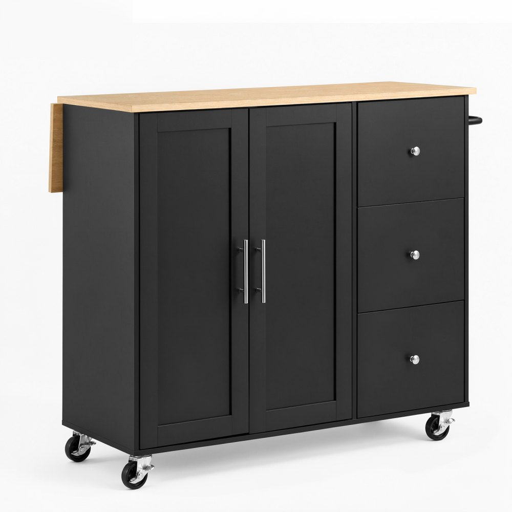 VEVOR Kitchen Island Cart with Storage, 42.4 in Wide Mobile Rolling Storage Island on Swivel Wheels, with 3 Drawers, Storage Cabinet, Drop Leaf, Towel Rack, Table for Home Dining Room, Black