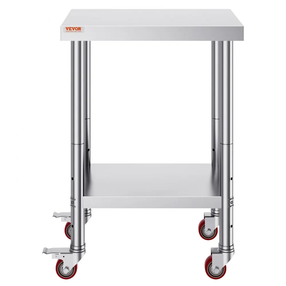 VEVOR Stainless Steel Work Table 24 x 18 x 34 Inch, 700 LBS Load Capacity with 4 Wheels, 3 Adjustable Height Levels, Heavy Duty Food Prep Worktable for Commercial Kitchen Restaurant, Silver