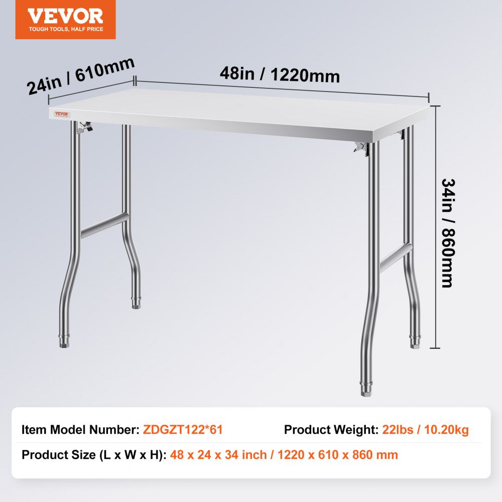 VEVOR Folding Commercial Prep Table, 48 x 24 Inch Commercial Worktable Workstation, Heavy-duty Stainless Steel Folding Table with 300 lbs Load, Kitchen Work Table, for Home Kitchen Restaurant Garage