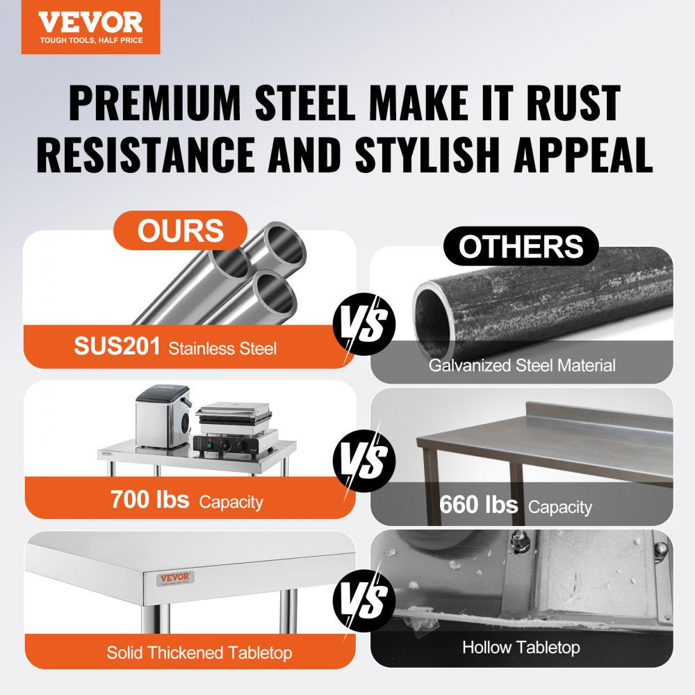 VEVOR Stainless Steel Work Table 30 x 18 x 34 Inch, 700 LBS Load Capacity with 4 Wheels, 3 Adjustable Height Levels, Heavy Duty Food Prep Worktable for Commercial Kitchen Restaurant, Silver