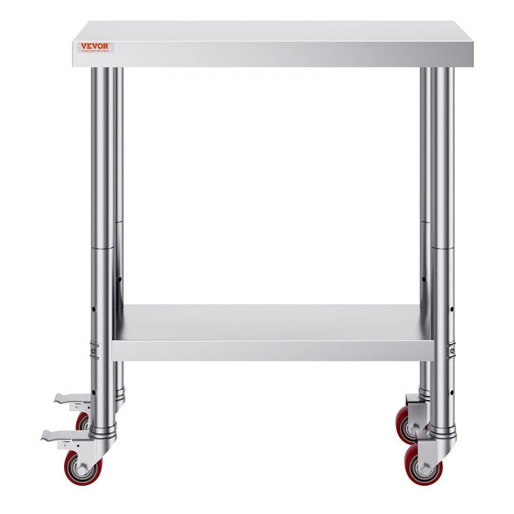 VEVOR Stainless Steel Work Table 30 x 18 x 34 Inch, 700 LBS Load Capacity with 4 Wheels, 3 Adjustable Height Levels, Heavy Duty Food Prep Worktable for Commercial Kitchen Restaurant, Silver