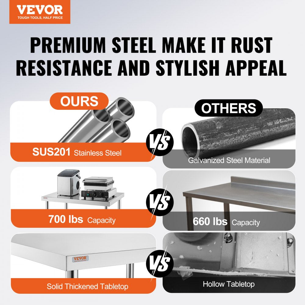 VEVOR Stainless Steel Work Table 36 x 30 x 34 Inch, 700 LBS Load Capacity with 4 Wheels, 3 Adjustable Height Levels, Heavy Duty Food Prep Worktable for Commercial Kitchen Restaurant, Silver