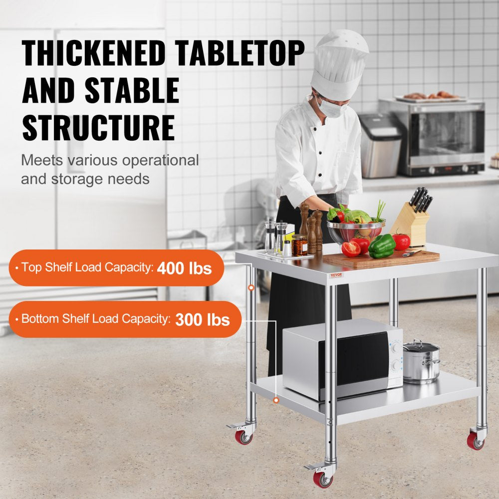 VEVOR Stainless Steel Work Table 36 x 30 x 34 Inch, 700 LBS Load Capacity with 4 Wheels, 3 Adjustable Height Levels, Heavy Duty Food Prep Worktable for Commercial Kitchen Restaurant, Silver