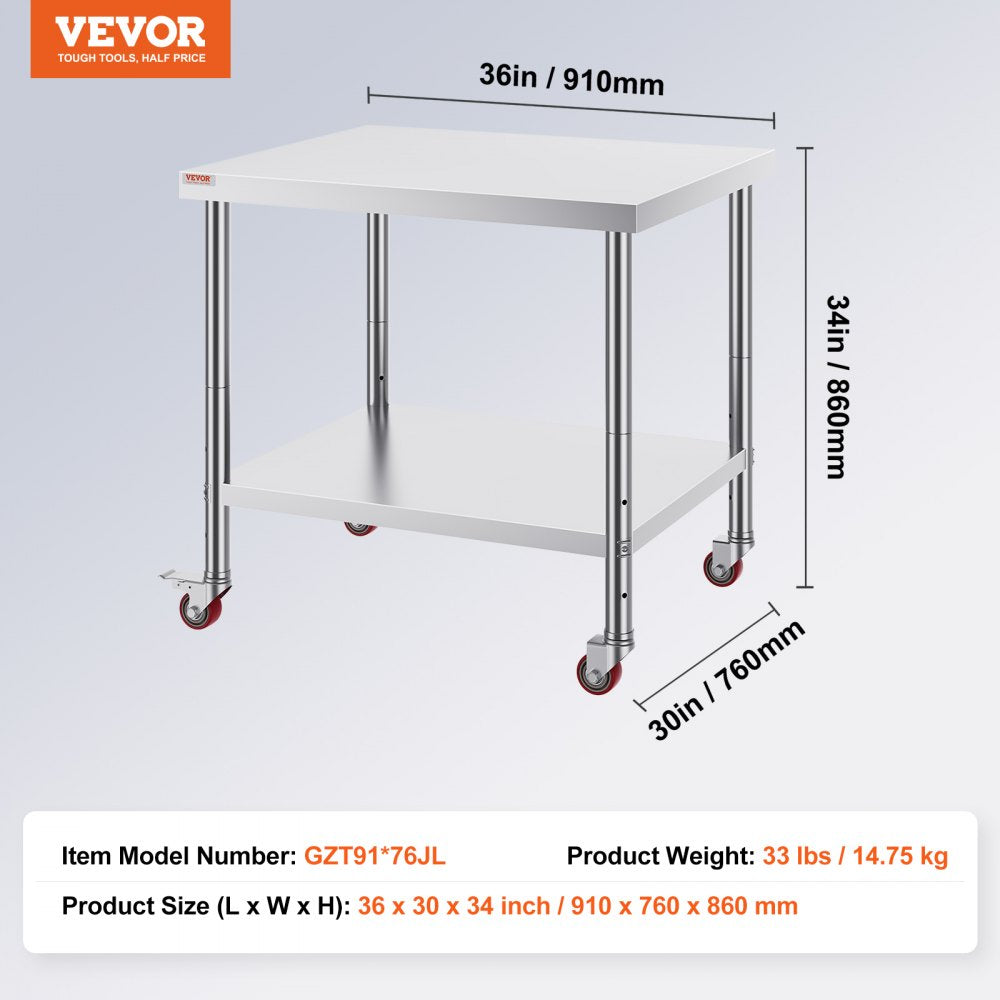 VEVOR Stainless Steel Work Table 36 x 30 x 34 Inch, 700 LBS Load Capacity with 4 Wheels, 3 Adjustable Height Levels, Heavy Duty Food Prep Worktable for Commercial Kitchen Restaurant, Silver